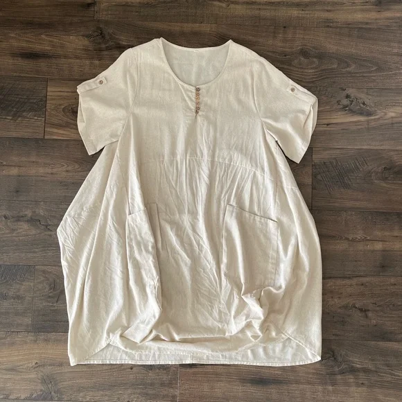 Ivory Cream Linen Pocket Short Sleeve Roll Up Button Dress Casual Comfy One Size - Picture 4 of 10